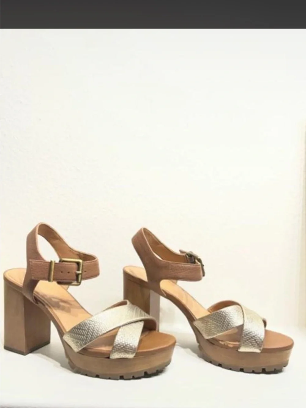 Crown Vintage Platform Block Heel Sandals in Metallic and Tan